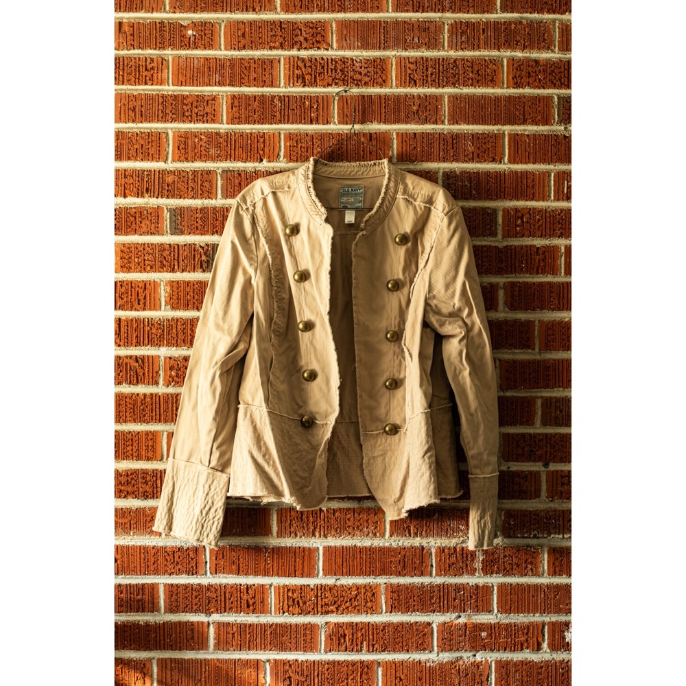 Vtg Y2K Old Navy Military Jacket Tan Brass Button Napoleon Blazer